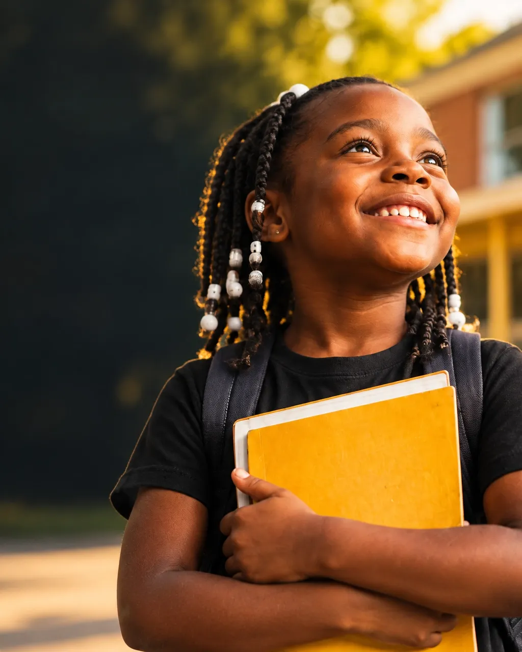 A smiling student holding a golden notebook